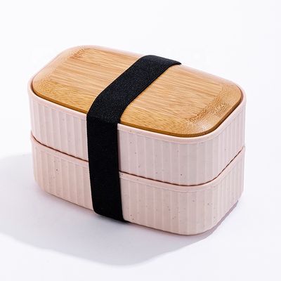 Food Grade Bamboo Lid 2-Layer Lunch Box Custom Cutlery Microwave Safe for Pizza Great