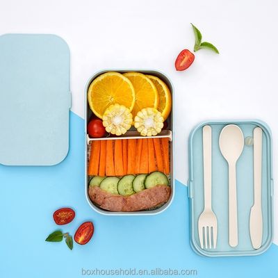 On-the-go Food Grade Custom Logo Eco Microwave Safe Leak-proof Bamboo Fiber Plastic Storage Lunch Box for Kids with Cutlery Set